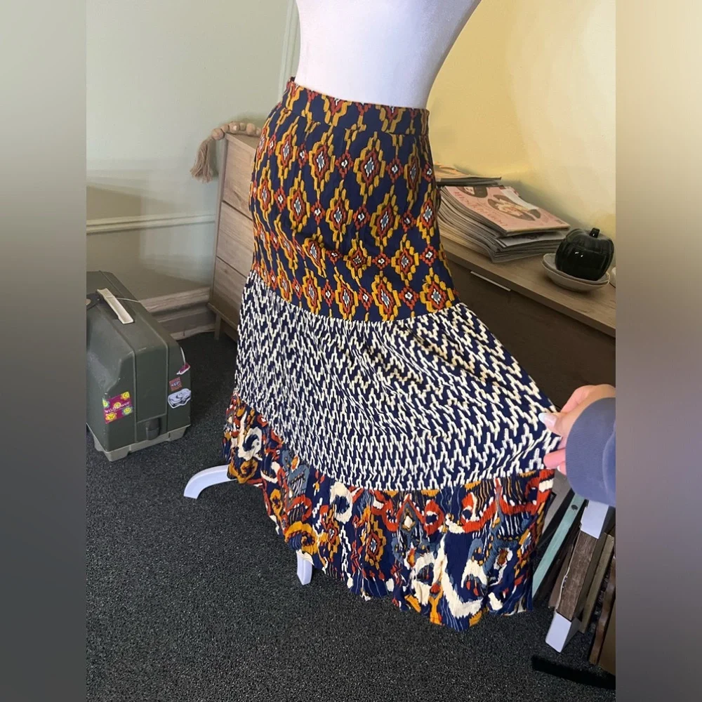 Navy Mixed Tribal & Chevron Print Midi Maxi Flowy Boho Relaxed Fit Skirt Sz XL - Picture 5 of 15